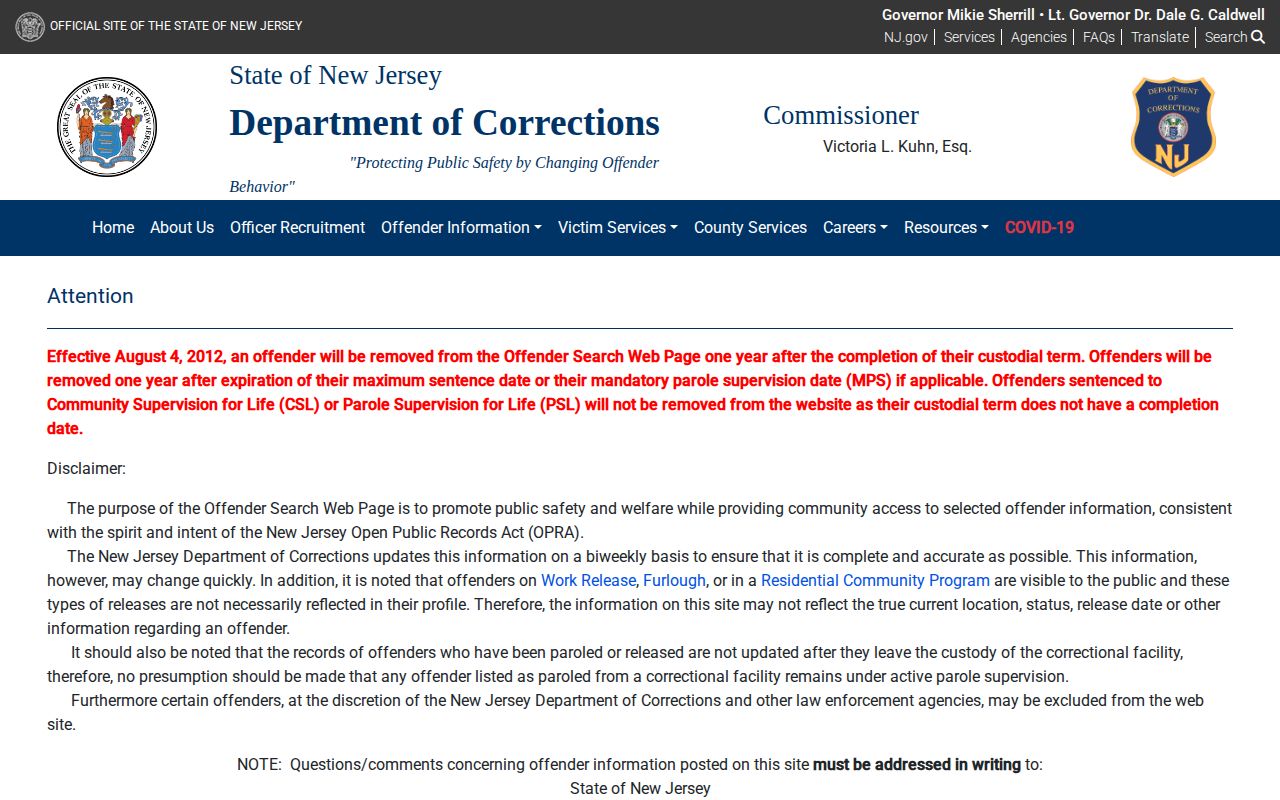 Cumberland County released inmate NJDOC offender search