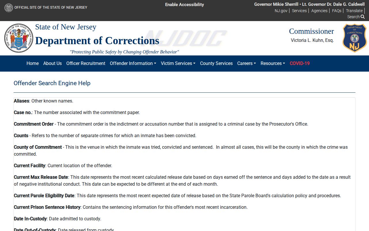 NJDOC definitions for Cumberland County release date lookup fields